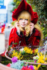 Rating: Safe Score: 0 Tags: 1girl bangs blonde_hair blue_eyes blurry blurry_background blurry_foreground depth_of_field dress flower head_rest long_hair long_sleeves looking_at_viewer outdoors photo red_dress shinku sitting solo User: admin