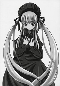 Rating: Safe Score: 0 Tags: 1girl blush bonnet dress greyscale image long_hair long_sleeves looking_at_viewer monochrome ribbon shinku simple_background solo standing twintails very_long_hair User: admin