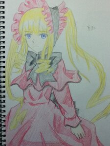 Rating: Safe Score: 0 Tags: 1girl blonde_hair blue_eyes bonnet dress drill_hair image long_hair long_sleeves looking_at_viewer marker_(medium) photo shinku simple_background solo traditional_media twintails User: admin