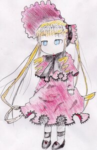 Rating: Safe Score: 0 Tags: 1girl blonde_hair blue_eyes bonnet dress image long_hair long_sleeves shinku solo traditional_media twin_drills twintails umbrella very_long_hair User: admin