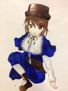 Rating: Safe Score: 0 Tags: 1girl blue_dress brown_hair capelet dress frills full_body green_eyes hat heterochromia image long_sleeves looking_at_viewer red_eyes short_hair simple_background sitting solo souseiseki top_hat traditional_media User: admin