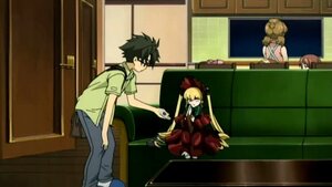 Rating: Safe Score: 0 Tags: 1boy 1girl black_hair blonde_hair bonnet dress image long_hair pants shinku sitting solo User: admin