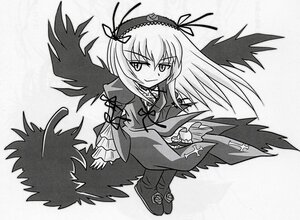 Rating: Safe Score: 0 Tags: 1girl black_wings dress frills full_body greyscale hairband lolita_hairband long_hair long_sleeves looking_at_viewer monochrome shoes simple_background solo suigintou wings User: admin