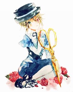 Rating: Safe Score: 0 Tags: 1boy blonde_hair blue_eyes flower full_body green_eyes hat heterochromia image looking_at_viewer red_flower red_rose rose shoes sitting solo souseiseki striped traditional_media watercolor_(medium) User: admin