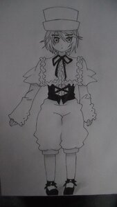 Rating: Safe Score: 0 Tags: 1girl capelet frills full_body greyscale hat image long_sleeves looking_at_viewer monochrome neck_ribbon ribbon shoes short_hair shorts solo souseiseki standing traditional_media User: admin