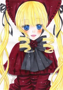 Rating: Safe Score: 0 Tags: 1girl bangs blonde_hair blue_eyes blush bonnet bow bowtie capelet dress drill_hair flower image long_hair long_sleeves looking_at_viewer marker_(medium) open_mouth red_capelet red_dress rose shinku sidelocks signature simple_background smile solo traditional_media twintails upper_body white_background User: admin