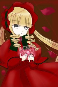 Rating: Safe Score: 0 Tags: 1girl blonde_hair blue_eyes bonnet bow dress drill_hair flower image long_hair long_sleeves looking_at_viewer petals red_capelet red_dress red_flower rose rose_petals shinku solo twintails User: admin
