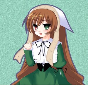 Rating: Safe Score: 0 Tags: 1girl :d brown_hair dress frills green_background green_dress green_eyes head_scarf heterochromia image long_hair long_sleeves looking_at_viewer open_mouth red_eyes smile solo suiseiseki very_long_hair User: admin