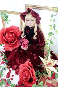 Rating: Safe Score: 0 Tags: 1girl blonde_hair blue_eyes bonnet dress flower long_hair looking_at_viewer pink_flower pink_rose red_capelet red_dress red_flower red_rose rose shinku solo thorns User: admin