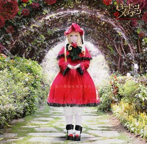 Rating: Safe Score: 0 Tags: 1girl blonde_hair blue_eyes bonnet bow dress flower hat long_hair red_dress red_flower red_rose rose shinku solo standing User: admin