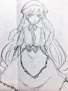 Rating: Safe Score: 0 Tags: 1girl braid dress frills greyscale image long_hair long_sleeves looking_at_viewer monochrome sketch solo suiseiseki twin_braids very_long_hair User: admin