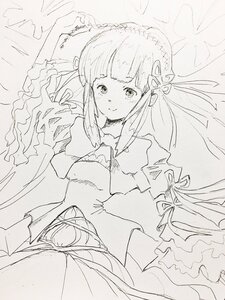 Rating: Safe Score: 0 Tags: 1girl bangs blunt_bangs blush closed_mouth dress eyebrows_visible_through_hair flower greyscale hair_ornament image long_hair long_sleeves looking_at_viewer lying monochrome on_back ribbon smile solo suigintou traditional_media very_long_hair wide_sleeves User: admin