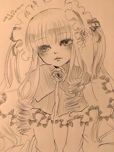 Rating: Safe Score: 0 Tags: 1girl bonnet dress drill_hair flower frills image long_hair long_sleeves monochrome rose shinku solo suigintou tears traditional_media twin_drills upper_body User: admin