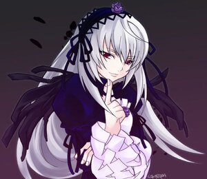 Rating: Safe Score: 0 Tags: 1girl black_ribbon black_wings dress finger_to_mouth flower frills hairband image index_finger_raised long_hair long_sleeves looking_at_viewer puffy_sleeves red_eyes ribbon silver_hair simple_background smile solo suigintou upper_body very_long_hair wings User: admin