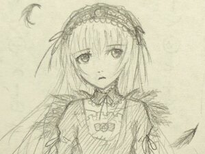 Rating: Safe Score: 0 Tags: 1girl closed_mouth detached_collar eyebrows_visible_through_hair hairband image long_hair looking_at_viewer monochrome simple_background sketch solo suigintou traditional_media upper_body User: admin