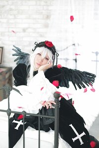 Rating: Safe Score: 0 Tags: 1girl black_dress black_wings blurry blurry_background depth_of_field dress feathers flower frills long_sleeves looking_at_viewer petals silver_hair solo suigintou wings User: admin