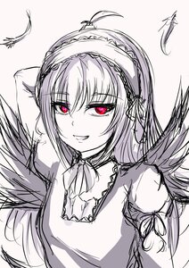 Rating: Safe Score: 0 Tags: 1girl dress eyebrows_visible_through_hair feathered_wings feathers hairband image lolita_hairband long_hair long_sleeves looking_at_viewer monochrome smile solo suigintou upper_body wings User: admin