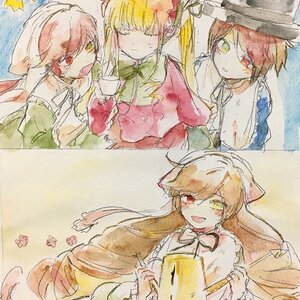 Rating: Safe Score: 0 Tags: blonde_hair brown_hair closed_eyes dress flower green_dress green_eyes hat head_scarf heterochromia image long_hair long_sleeves multiple red_eyes smile souseiseki suiseiseki tagme twins watercolor_(medium) User: admin