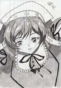 Rating: Safe Score: 0 Tags: 1girl breasts dress frills greyscale image looking_at_viewer monochrome neck_ribbon ribbon signature solo suiseiseki traditional_media User: admin