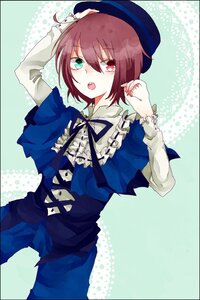 Rating: Safe Score: 0 Tags: 1girl brown_hair frills green_eyes hat heterochromia image long_sleeves looking_at_viewer open_mouth polka_dot polka_dot_background red_eyes ribbon short_hair solo souseiseki User: admin