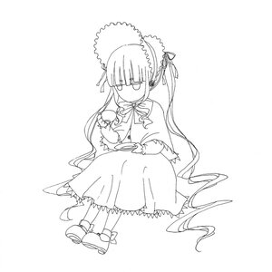 Rating: Safe Score: 0 Tags: 1girl bangs cup dress full_body greyscale hair_ribbon holding holding_cup image long_hair long_sleeves monochrome shinku simple_background sitting solo tea teacup very_long_hair white_background User: admin