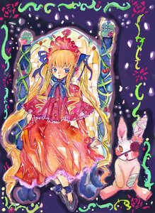 Rating: Safe Score: 0 Tags: 1girl blonde_hair blue_eyes blush bonnet bow dress flower image long_hair long_sleeves looking_at_viewer red_dress rose shinku solo stuffed_animal twintails very_long_hair User: admin