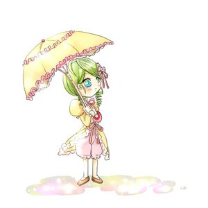 Rating: Safe Score: 0 Tags: 1girl blue_eyes blush dress flower frills full_body green_hair holding_umbrella image kanaria long_sleeves parasol ribbon shared_umbrella simple_background solo standing striped umbrella white_background User: admin