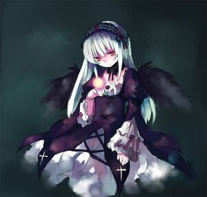 Rating: Safe Score: 0 Tags: 1girl black_wings cross detached_collar dress flower frilled_sleeves frills hairband image long_hair long_sleeves looking_at_viewer red_eyes rose silver_hair solo suigintou wings User: admin