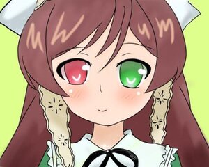 Rating: Safe Score: 0 Tags: 1girl bangs blush braid brown_hair closed_mouth dress frills green_background green_eyes hat head_scarf heterochromia image long_hair looking_at_viewer red_eyes ribbon simple_background smile solo suiseiseki User: admin