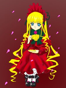 Rating: Safe Score: 0 Tags: 1girl black_footwear blonde_hair blue_eyes bonnet bow bowtie cup dress flower full_body holding image long_hair long_sleeves looking_at_viewer petals red_capelet red_dress rose rose_petals shinku shoes simple_background sitting solo very_long_hair User: admin