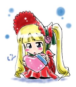 Rating: Safe Score: 0 Tags: 1girl blonde_hair blue_eyes blush chibi dress image long_hair long_sleeves red_dress shinku simple_background solo twintails very_long_hair User: admin