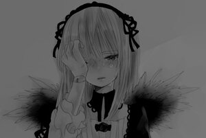 Rating: Safe Score: 0 Tags: 1girl bangs closed_mouth crying crying_with_eyes_open dress eyebrows_visible_through_hair feathered_wings greyscale hairband image long_hair long_sleeves looking_at_viewer monochrome ribbon simple_background solo suigintou tears wings User: admin