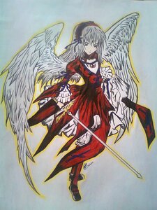 Rating: Safe Score: 0 Tags: 1girl angel_wings boots dress feathered_wings frills full_body holding holding_weapon image long_hair long_sleeves solo suigintou sword thighhighs traditional_media weapon white_wings wings User: admin