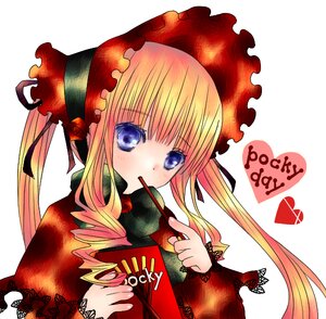 Rating: Safe Score: 0 Tags: 1girl blonde_hair blue_eyes blush bonnet bow dress drill_hair eating food heart image long_hair long_sleeves looking_at_viewer shinku simple_background solo traditional_media twintails upper_body white_background User: admin