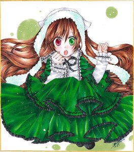 Rating: Safe Score: 0 Tags: 1girl :o brown_hair dress frills green_eyes hat heterochromia image long_hair long_sleeves looking_at_viewer marker_(medium) open_mouth red_eyes solo suiseiseki traditional_media twintails very_long_hair User: admin