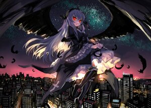 Rating: Safe Score: 0 Tags: 1girl black_legwear black_wings boots building city cityscape commentary_request cross doll_joints dress feathers flower frills gothic_lolita hairband hikariz image lolita_fashion long_hair long_sleeves night night_sky red_eyes rose rozen_maiden silver_hair sky solo star_(sky) starry_sky suigintou very_long_hair wide_sleeves wings User: admin