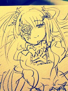 Rating: Safe Score: 0 Tags: 1girl dress flower hair_flower hair_ornament image kirakishou long_hair looking_at_viewer monochrome rose smile solo traditional_media upper_body yellow_theme User: admin