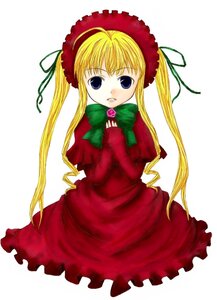 Rating: Safe Score: 0 Tags: 1girl blonde_hair blue_eyes bonnet bow bowtie capelet dress green_bow green_neckwear image long_hair long_sleeves looking_at_viewer red_dress shinku simple_background solo twintails white_background User: admin