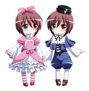 Rating: Safe Score: 0 Tags: :o blue_dress blush bow brown_hair chibi dress frills full_body green_eyes hat heterochromia holding_hands image long_sleeves looking_at_viewer multiple_girls open_mouth pair pantyhose pink_bow red_eyes short_hair siblings sisters souseiseki striped suiseiseki twins white_background User: admin