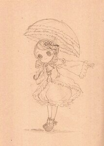 Rating: Safe Score: 0 Tags: 1girl bloomers bow dress drill_hair full_body hair_ornament holding_umbrella image kanaria monochrome parasol smile solo standing traditional_media twin_drills umbrella underwear User: admin