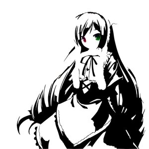 Rating: Safe Score: 0 Tags: 1girl dress frills green_eyes heterochromia image long_hair looking_at_viewer monochrome red_eyes ribbon simple_background solo spot_color suiseiseki very_long_hair white_background User: admin