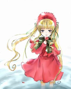 Rating: Safe Score: 0 Tags: 1girl blonde_hair blue_eyes blush bonnet bow bowtie capelet dress flower green_bow image long_hair long_sleeves looking_at_viewer red_capelet red_dress rose shinku solo standing twintails very_long_hair User: admin