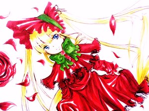 Rating: Safe Score: 0 Tags: 1girl blonde_hair blue_eyes bow bowtie capelet dress flower green_bow green_neckwear image long_hair long_sleeves looking_at_viewer petals red_dress red_flower red_rose rose rose_petals shinku smile solo twintails very_long_hair white_background User: admin