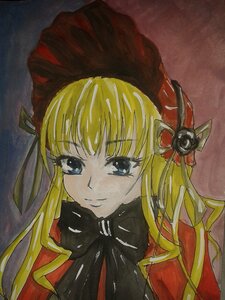 Rating: Safe Score: 0 Tags: 1girl bangs blonde_hair blue_eyes bonnet bow bowtie flower hat image long_hair looking_at_viewer ribbon rose shinku solo traditional_media upper_body User: admin