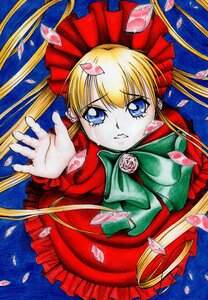 Rating: Safe Score: 0 Tags: 1girl blonde_hair blue_eyes bow dress flower image long_hair looking_at_viewer marker_(medium) petals pink_flower red_capelet red_dress rose rose_petals shinku solo tears traditional_media twintails User: admin