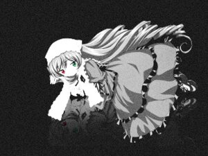 Rating: Safe Score: 0 Tags: 1girl black_background dress frills green_eyes heterochromia image long_hair long_sleeves looking_at_viewer monochrome red_eyes solo spot_color suiseiseki very_long_hair User: admin