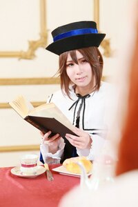 Rating: Safe Score: 0 Tags: 1girl blurry brown_hair cake cup depth_of_field food fruit hat heterochromia plate ribbon short_hair sitting smile solo souseiseki table teacup top_hat User: admin