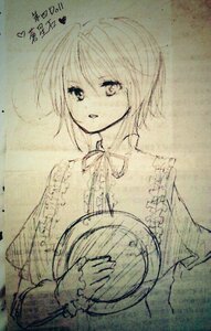 Rating: Safe Score: 0 Tags: 1girl bangs dated eyebrows_visible_through_hair frills hat headwear_removed holding holding_hat image long_sleeves looking_at_viewer monochrome short_hair sketch solo souseiseki traditional_media upper_body User: admin