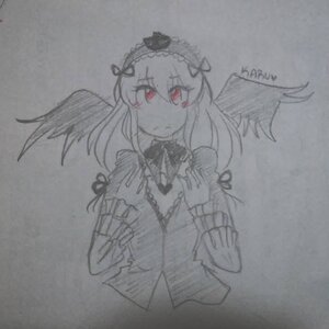 Rating: Safe Score: 0 Tags: 1girl black_wings closed_mouth dress feathered_wings feathers frilled_sleeves frills hairband image long_hair long_sleeves looking_at_viewer monochrome photo ribbon simple_background solo suigintou traditional_media upper_body wings User: admin