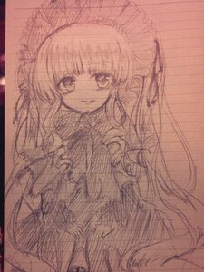 Rating: Safe Score: 0 Tags: 1girl dress image long_hair looking_at_viewer monochrome shinku sketch smile solo traditional_media very_long_hair User: admin